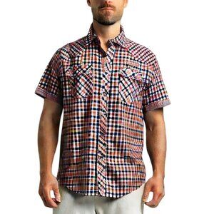 Koman Red, Black & White Button Down Plaid Shirt Size M